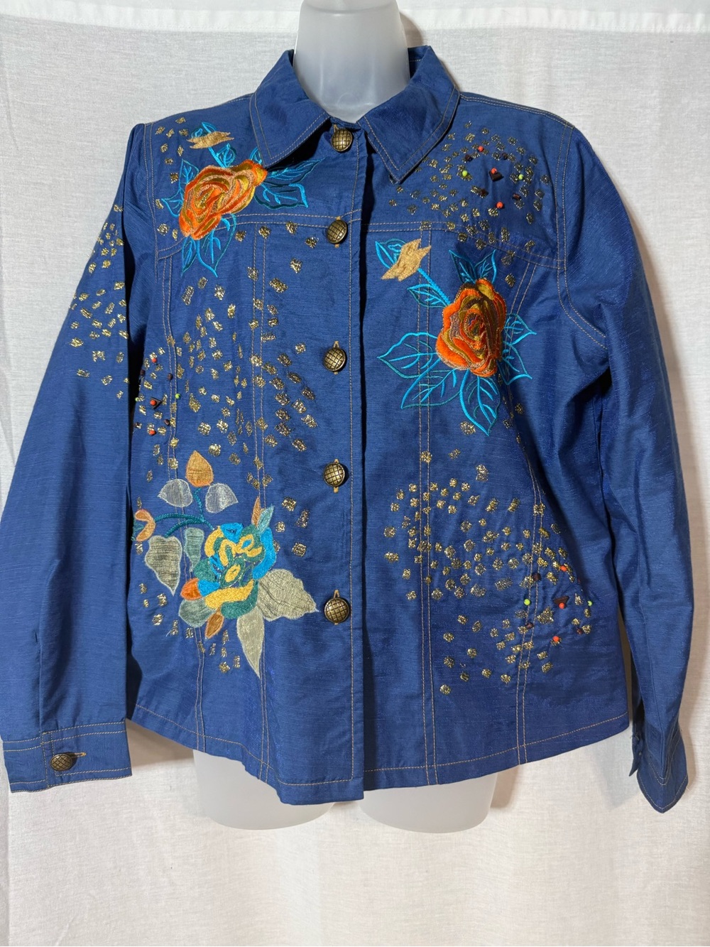 Indigo Blue Embroidered Floral Blue Jacket with Gold Studs Size Large